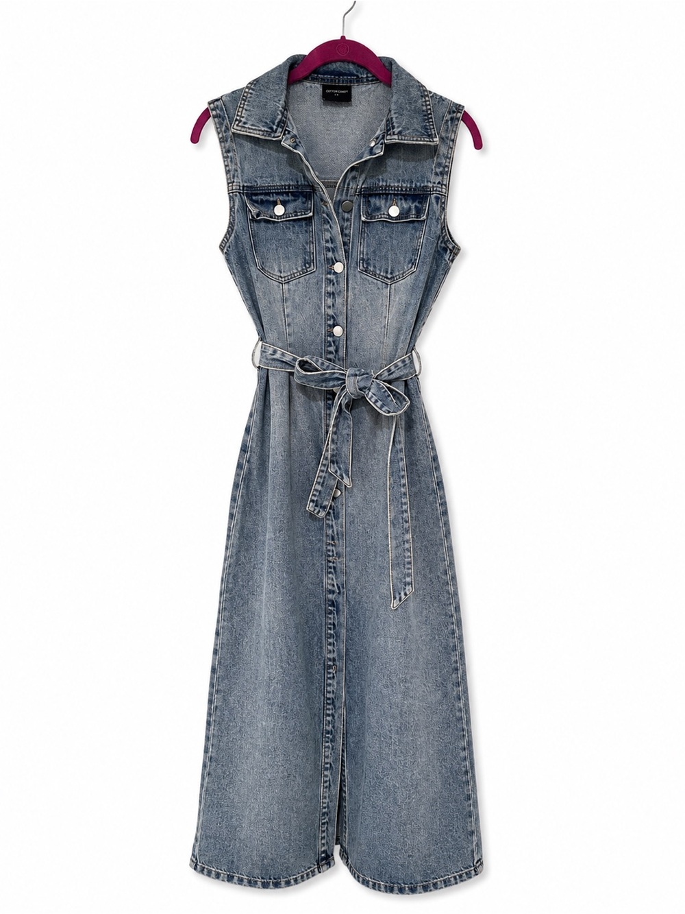 Sleeveless Belted Denim Midi Dress in Light Blue